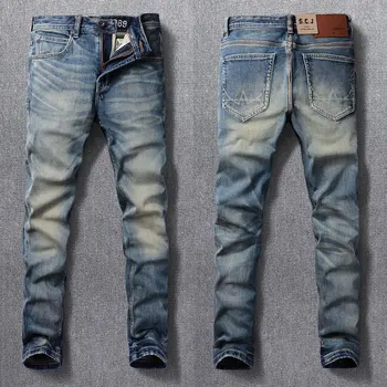 Винтажные Модные мужские джинсы Высокого Качества, Синие эластичные Дизайнерские джинсы в стиле ретро, Мужские Классические брюки, Повседневные джинсовые брюки Hombre
