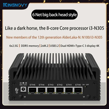 Kingnovy 2.5G Брандмауэр Маршрутизатора 12-го поколения Intel i3 N305 N100 6x i226-V Безвентиляторный Мини-ПК DDR5 2xHDMI2.1 USB3.2 Type-C pfSense Proxmox
