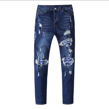 Высокие уличные рваные мужские джинсы, Модные облегающие Джинсы с вышивкой букв, Синие эластичные брюки-карандаш, Новые обтягивающие джинсовые брюки, мужские