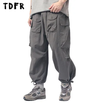 Однотонные брюки-карго с несколькими карманами, мужские Летние повседневные брюки в стиле Сафари, Свободные Широкие брюки длиной до щиколотки, мужские брюки