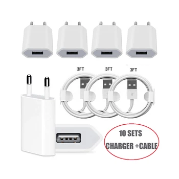 Оптовая партия из 10 штекеров ЕС, Настенное зарядное устройство переменного тока USB для телефона 5 5S 5C 6 6S 7 Для телефона, 8-контактный USB-кабель для зарядки + адаптер зарядного устройства