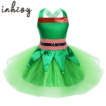 Детский Рождественский костюм Эльфа для девочек, Зеленое Праздничное платье для Косплея с пайетками, Детская Танцевальная одежда для выступлений, Праздничные костюмы