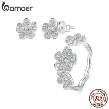 Bamoer, серебро 925 пробы, изысканная цветочная серия, кольцо с цветком и серьги, ювелирные изделия для женщин, ювелирные украшения, подарок