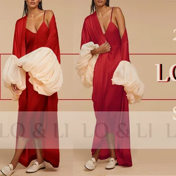 LO & LI Новый Дизайн, Красный Шелк С Пышным Рукавом, Пижамы из 2 Частей Для Женщин, Свадебный Халат, Роскошное Платье Для Вечеринки в Честь Дня Рождения Невесты На Заказ
