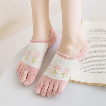 Женские носки с пятью пальцами в мультяшном цветочном стиле в японском стиле, нескользящие носки-невидимки для девочек в стиле колледжа, новинка