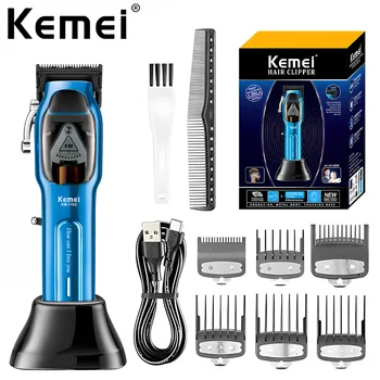 9000 Об/мин Kemei KM-1763 Профессиональная Машинка для стрижки волос с зарядной базой, Триммер для волос, Прозрачная машинка для стрижки волос для мужчин