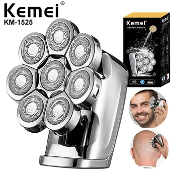 Kemei KM-1525 Электробритва, машинка для стрижки волос на лысой голове, 8 резаков, плавающая бритва, водонепроницаемый металлический мужской перезаряжаемый триммер для волос
