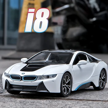 1: 24 Суперкар BMW I8, литые под давлением автомобили и игрушечные транспортные средства, модель автомобиля, звук и свет, откидные автомобильные игрушки для детских подарков