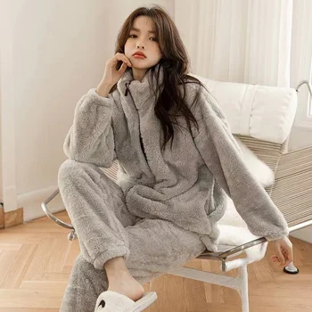 Пижамные комплекты из 2 предметов, женские осенне-зимние Пижамные костюмы, толстые теплые фланелевые пижамы с длинным рукавом, домашняя одежда, Женская пижама