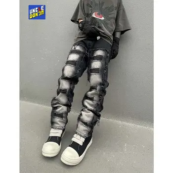 Рваные Джинсы с кисточками для мужчин в стиле хип-хоп, Потертые Лоскутные панковские Мешковатые прямые джинсовые брюки, хип-хоп, пара черных брюк