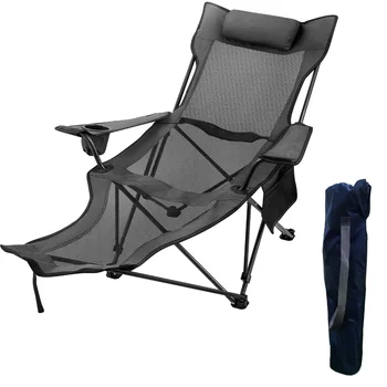 Складной Походный стул VEVORbrand, грузоподъемностью 330 фунтов, с подставкой для ног, Сетчатый шезлонг с подстаканником и сумкой для хранения, Серый складной
