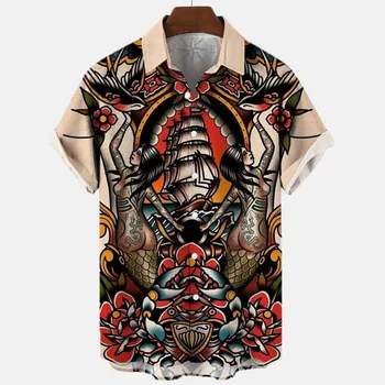 2023 Gods 3d Ретро Мужская Рубашка с Животными, Гаванская Мужская Рубашка с Отворотом, Летняя Рубашка С Принтом Ихтиозавра, Короткий рукав, Свободный Размер ЕС