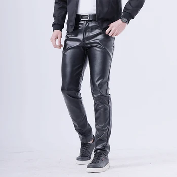 Повседневные кожаные брюки для мужчин, Эластичные модные брюки из искусственной кожи, Уличная одежда 2022, Весенне-осенние Мотоциклетные брюки