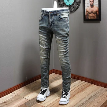 Новые Винтажные Модные мужские джинсы Ретро-синего Цвета, Эластичные, Приталенные Рваные Джинсы, Мужские Дизайнерские Повседневные джинсовые брюки Hombre